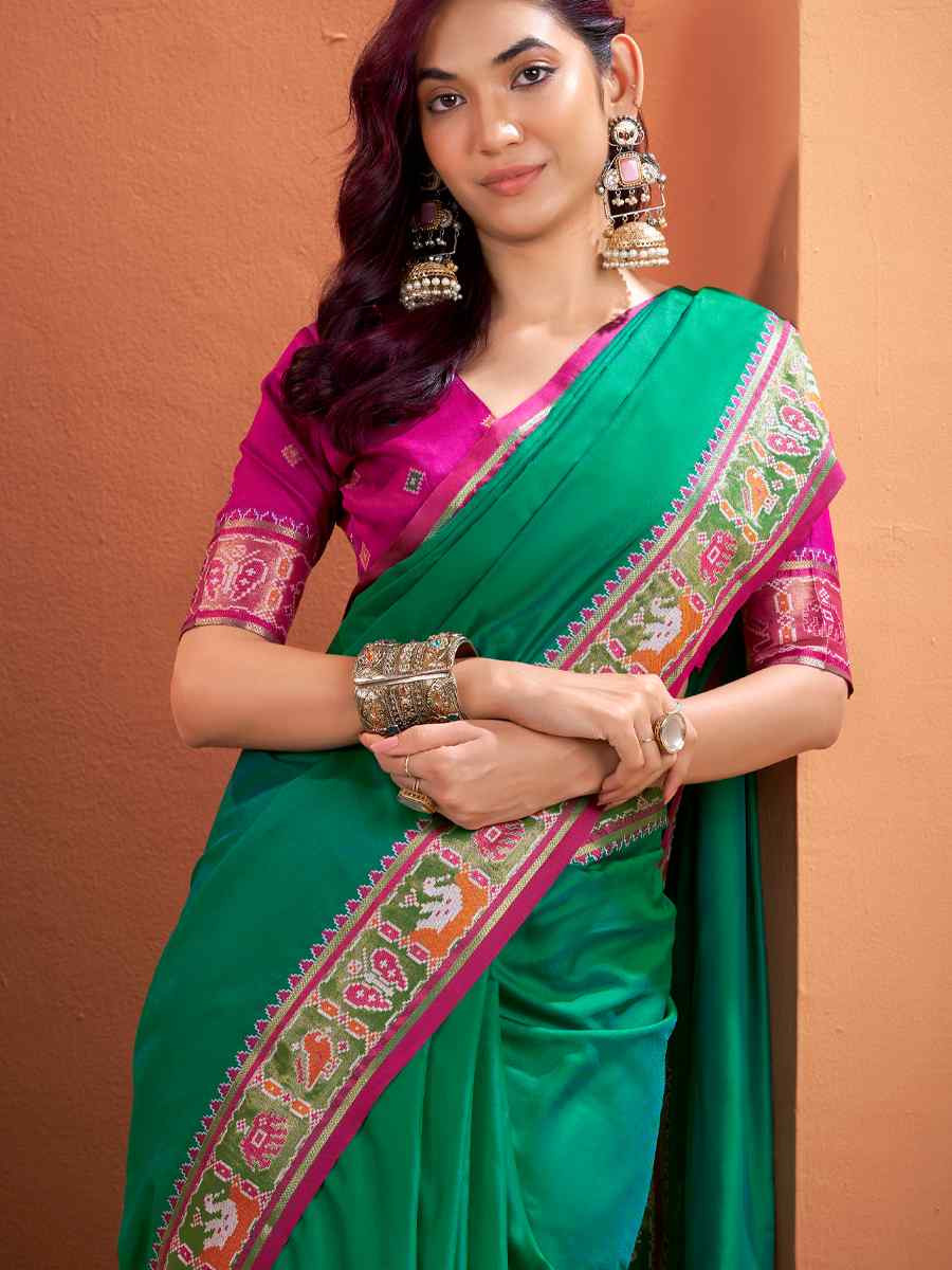 Green Silk Patola Handwoven Traditional Bridal Reception Festival Wedding Fancy Heavy Border Saree