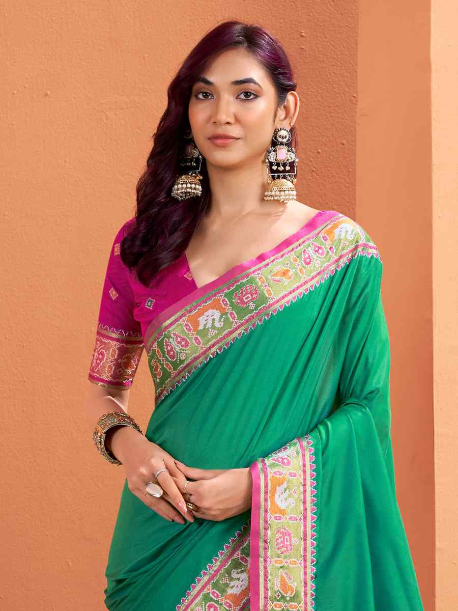 Green Silk Patola Handwoven Traditional Bridal Reception Festival Wedding Fancy Heavy Border Saree