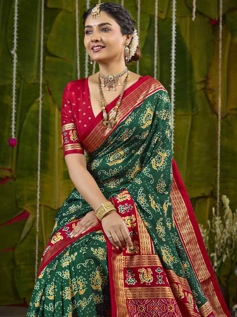 Green Silk Printed Bridal Reception Festival Wedding Fancy Heavy Border Saree