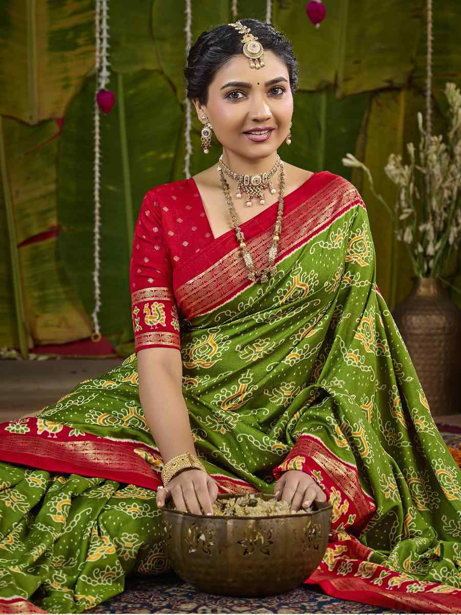 Green Silk Printed Bridal Reception Festival Wedding Fancy Heavy Border Saree