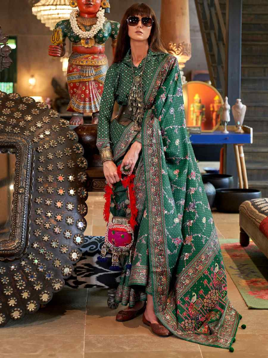 Green Silk Printed Festival Casual Wedding Cocktail Party Fancy Classic Heavy Border Saree