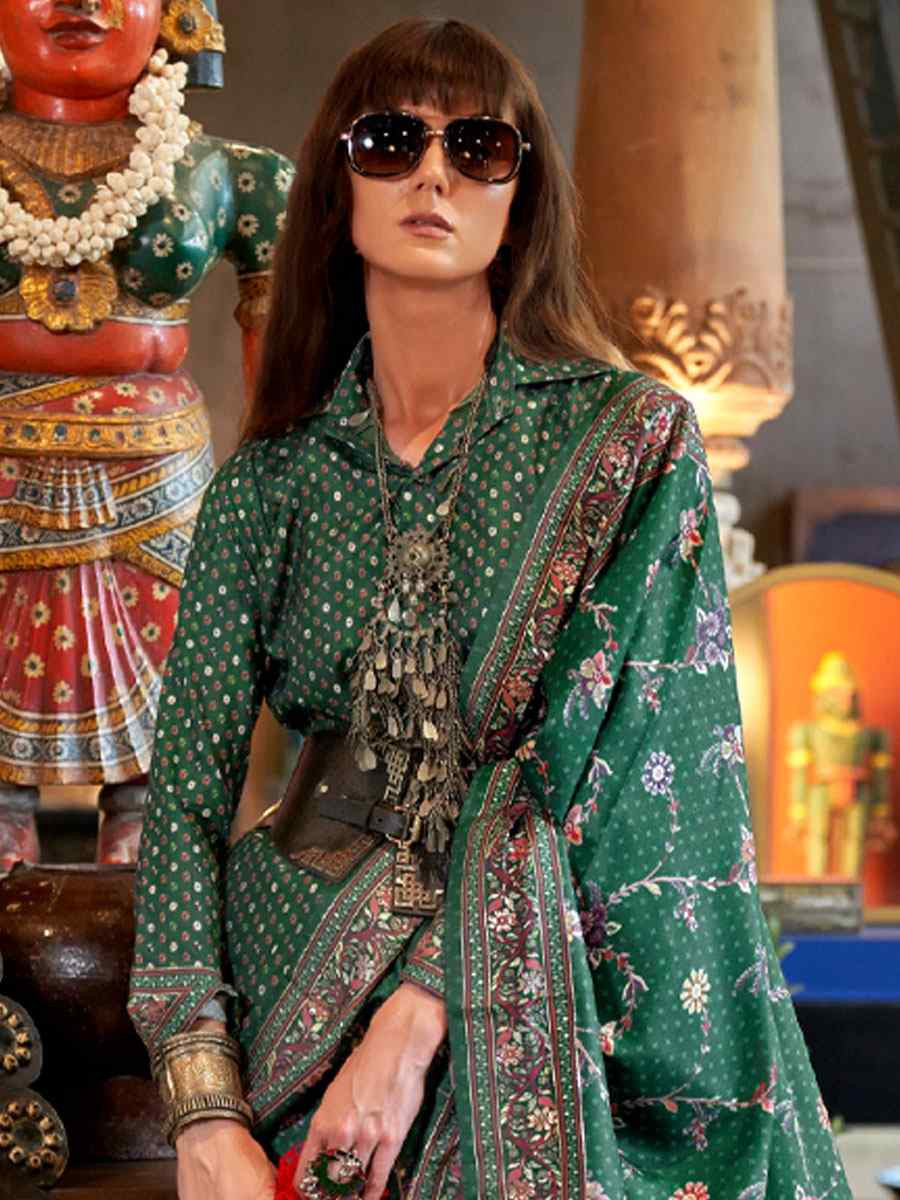 Green Silk Printed Festival Casual Wedding Cocktail Party Fancy Classic Heavy Border Saree