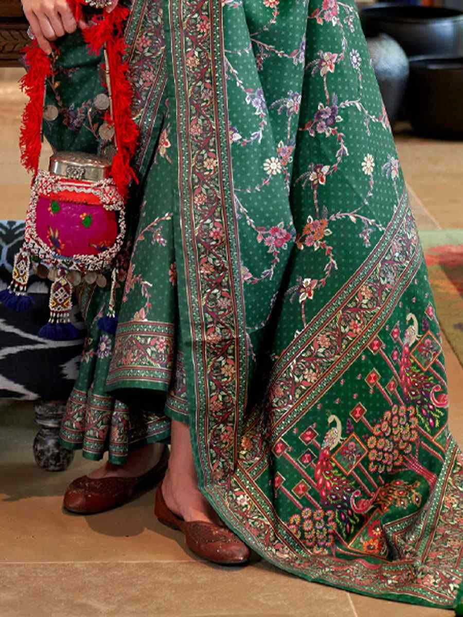 Green Silk Printed Festival Casual Wedding Cocktail Party Fancy Classic Heavy Border Saree