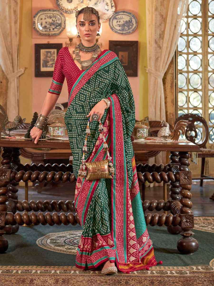 Green Silk Printed Festival Wedding Fancy Heavy Border Saree