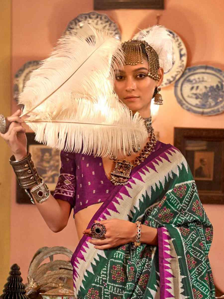 Green Silk Printed Festival Wedding Fancy Heavy Border Saree