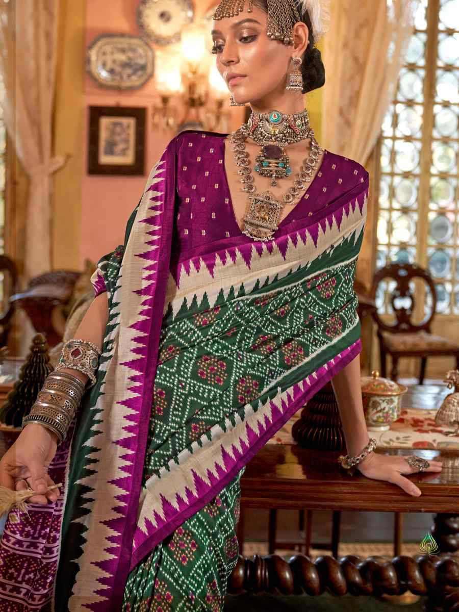 Green Silk Printed Festival Wedding Fancy Heavy Border Saree