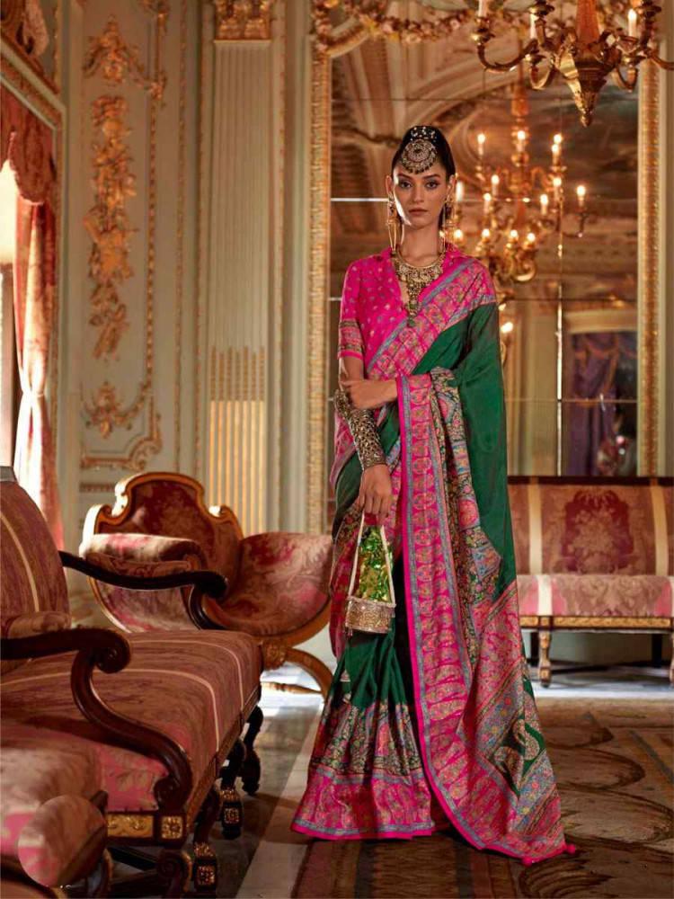 Image of Green Silk Printed Festival Wedding Fancy Heavy Border Saree