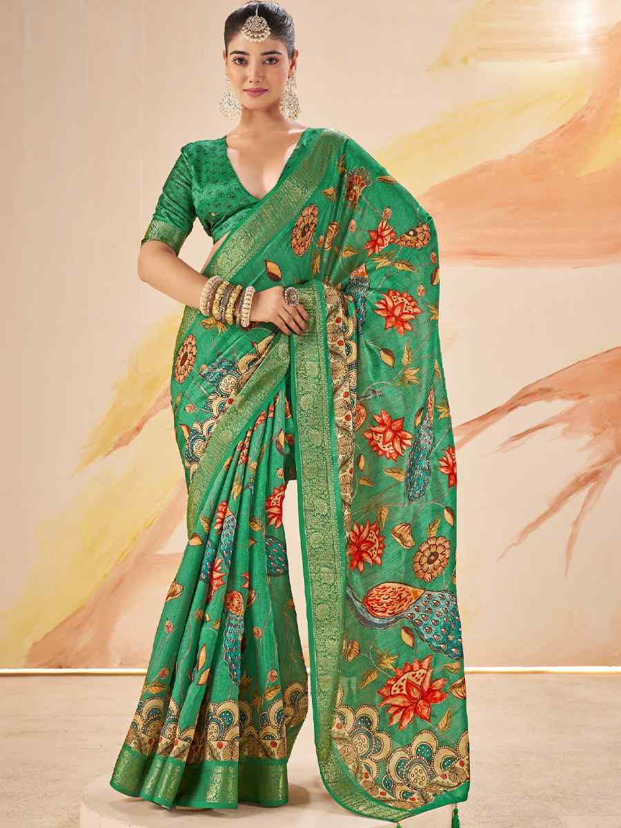 Green Silk Printed Handwoven Traditional Bridal Reception Festival Wedding Fancy Classic Style Sarees