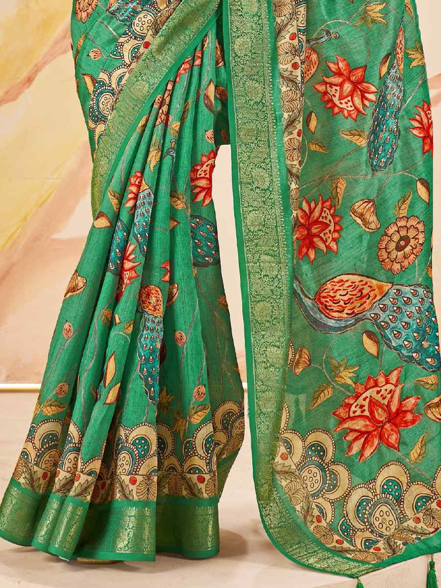 Green Silk Printed Handwoven Traditional Bridal Reception Festival Wedding Fancy Classic Style Sarees