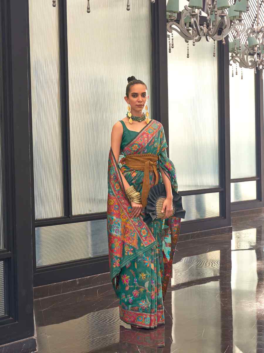 Green Silk Printed Party Festival Contemporary Saree