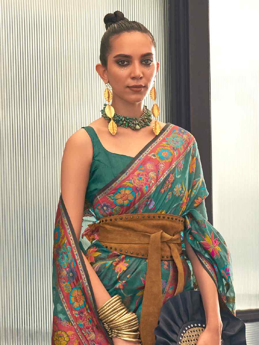 Green Silk Printed Party Festival Contemporary Saree