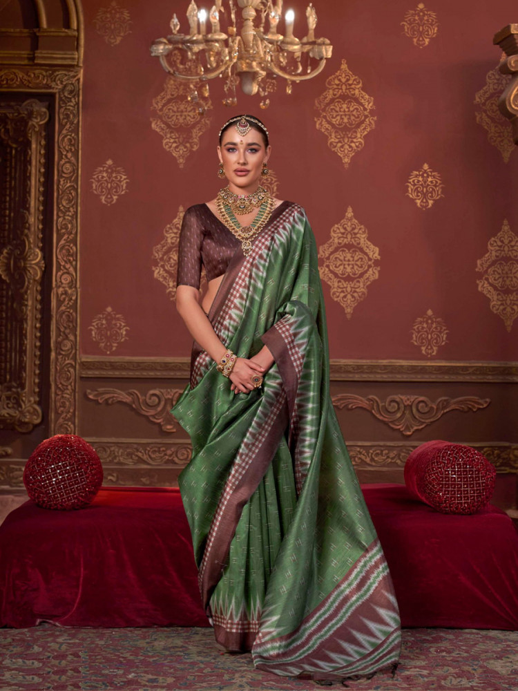 Image of Green Silk Printed Party Reception Casual Wedding Contemporary Sarees