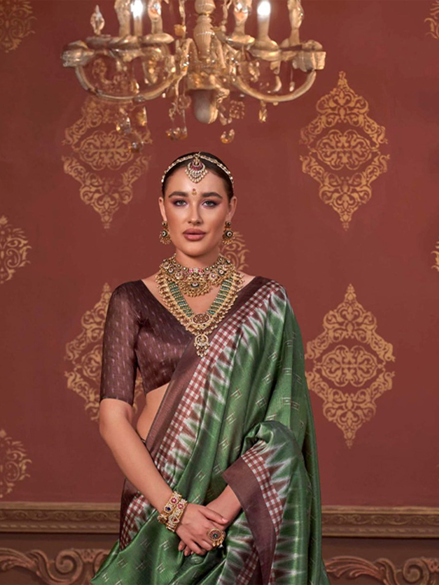 Green Silk Printed Party Reception Casual Wedding Contemporary Sarees