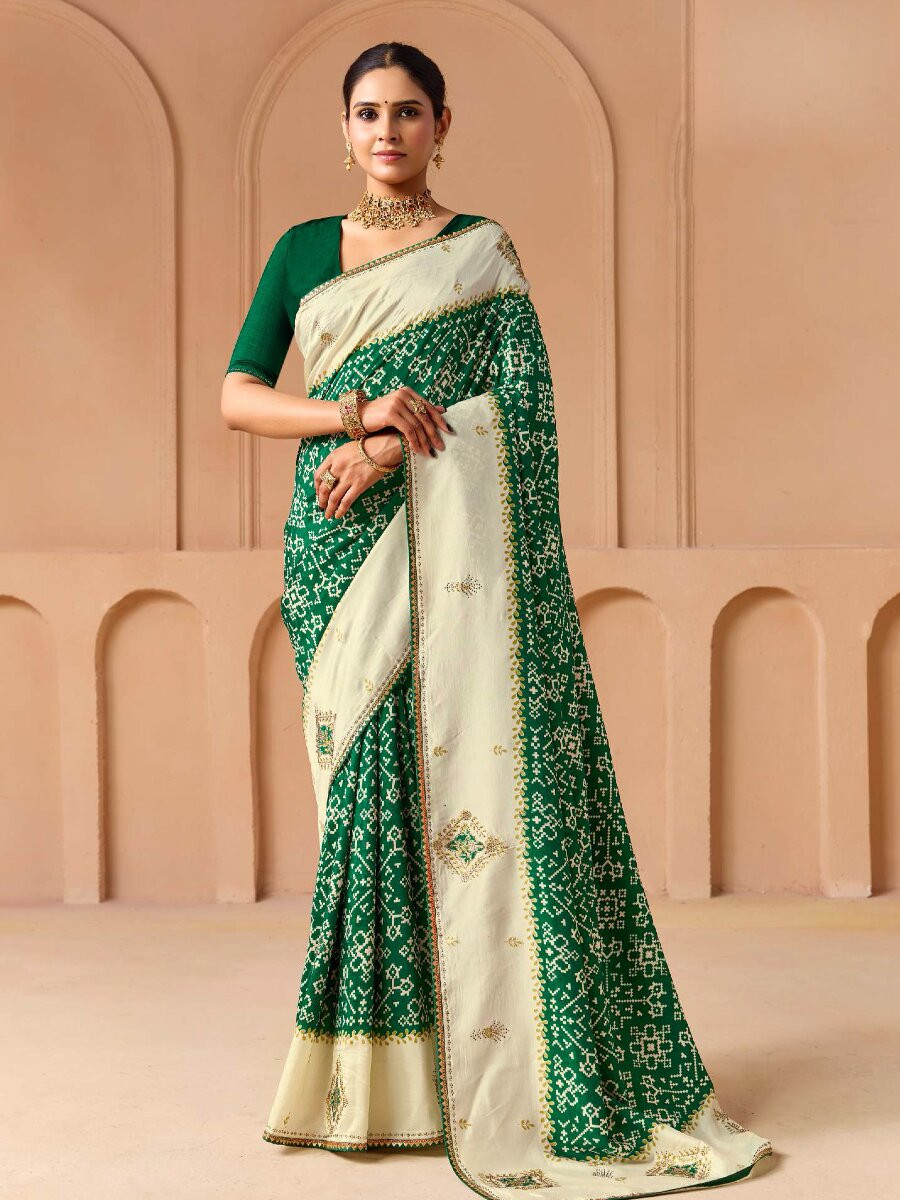 Green Silk Printed Stone Work Wedding Reception Party Festival Casual Heavy Border Sarees
