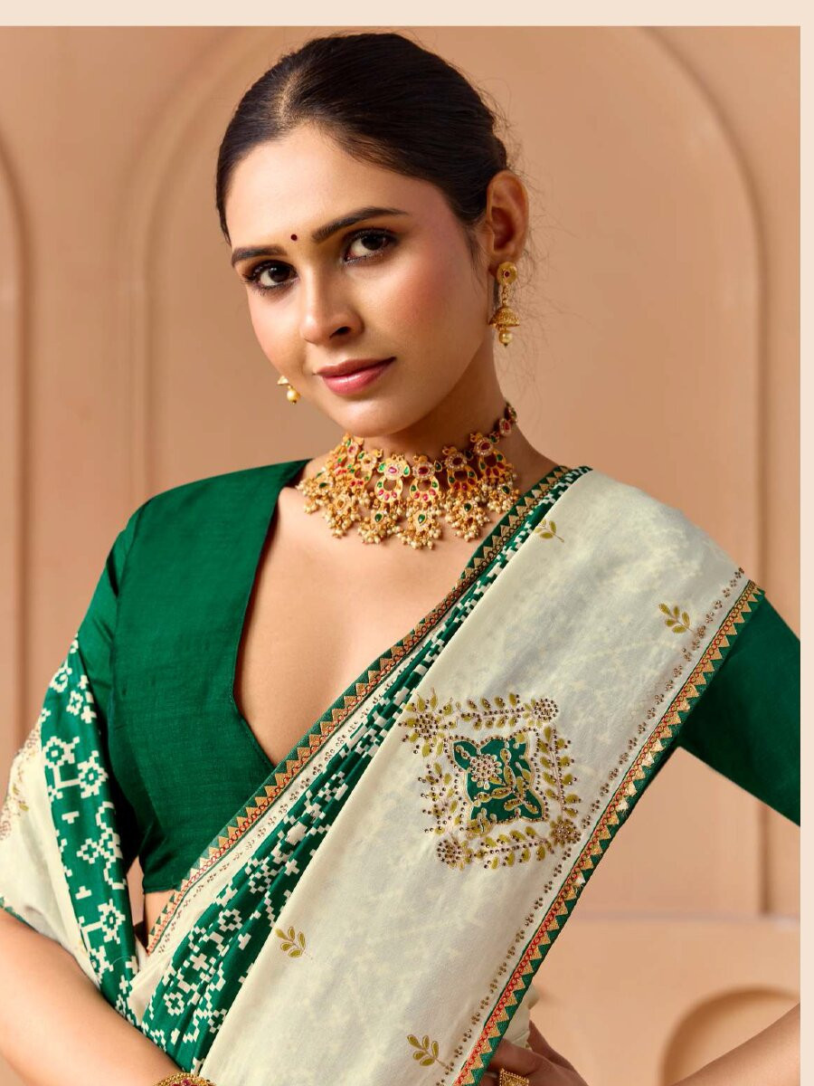 Green Silk Printed Stone Work Wedding Reception Party Festival Casual Heavy Border Sarees
