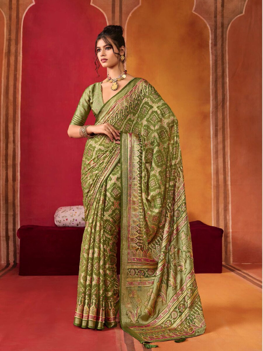 Green Silk Printed Wedding Reception Party Festival Casual Heavy Border Sarees