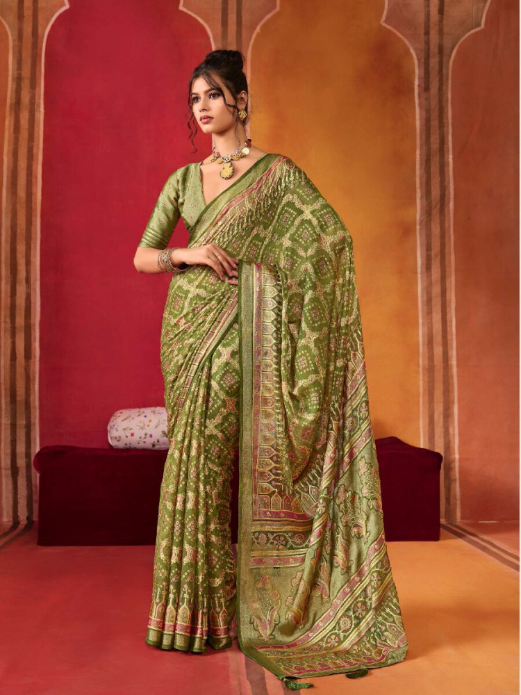 Image of Green Silk Printed Wedding Reception Party Festival Casual Heavy Border Sarees