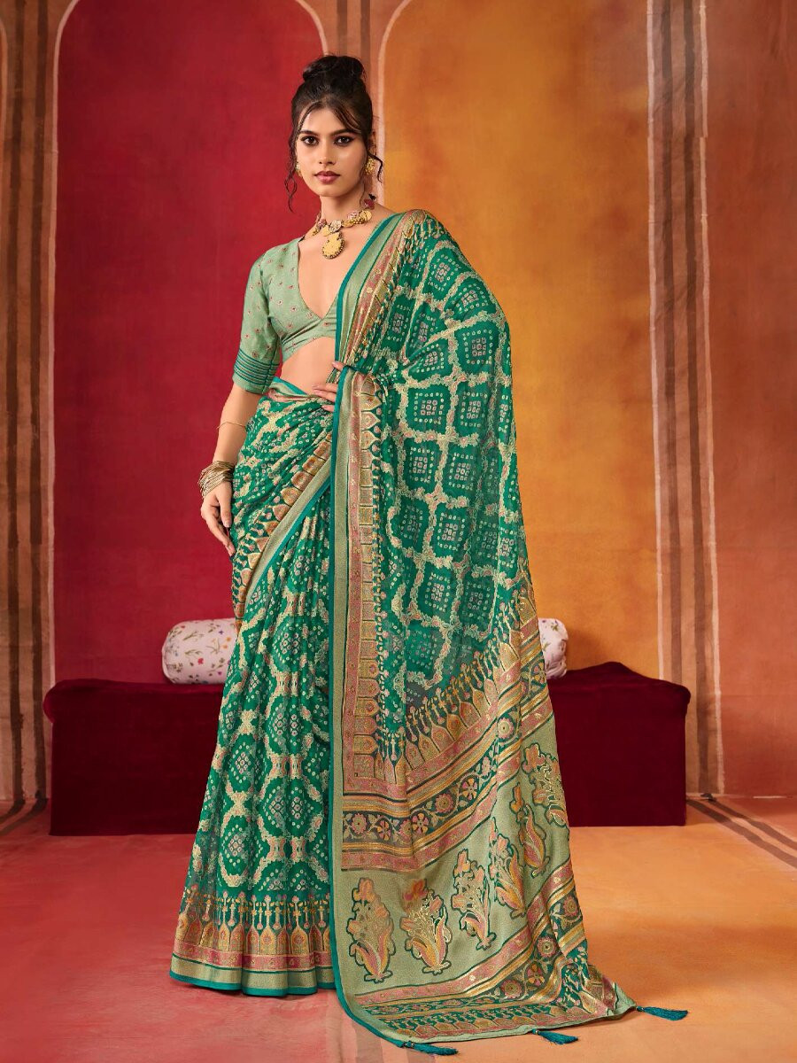Green Silk Printed Wedding Reception Party Festival Casual Heavy Border Sarees