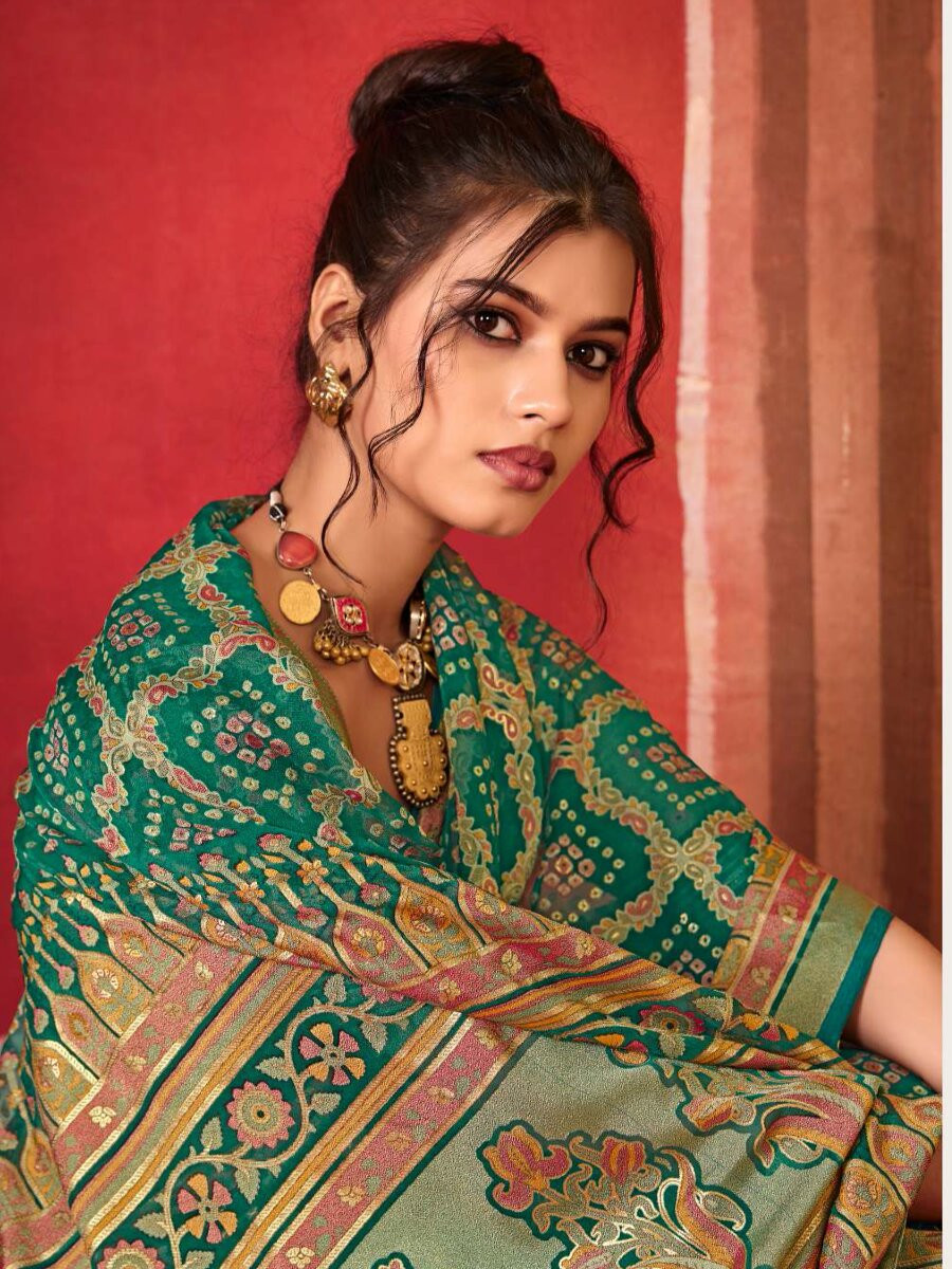 Green Silk Printed Wedding Reception Party Festival Casual Heavy Border Sarees