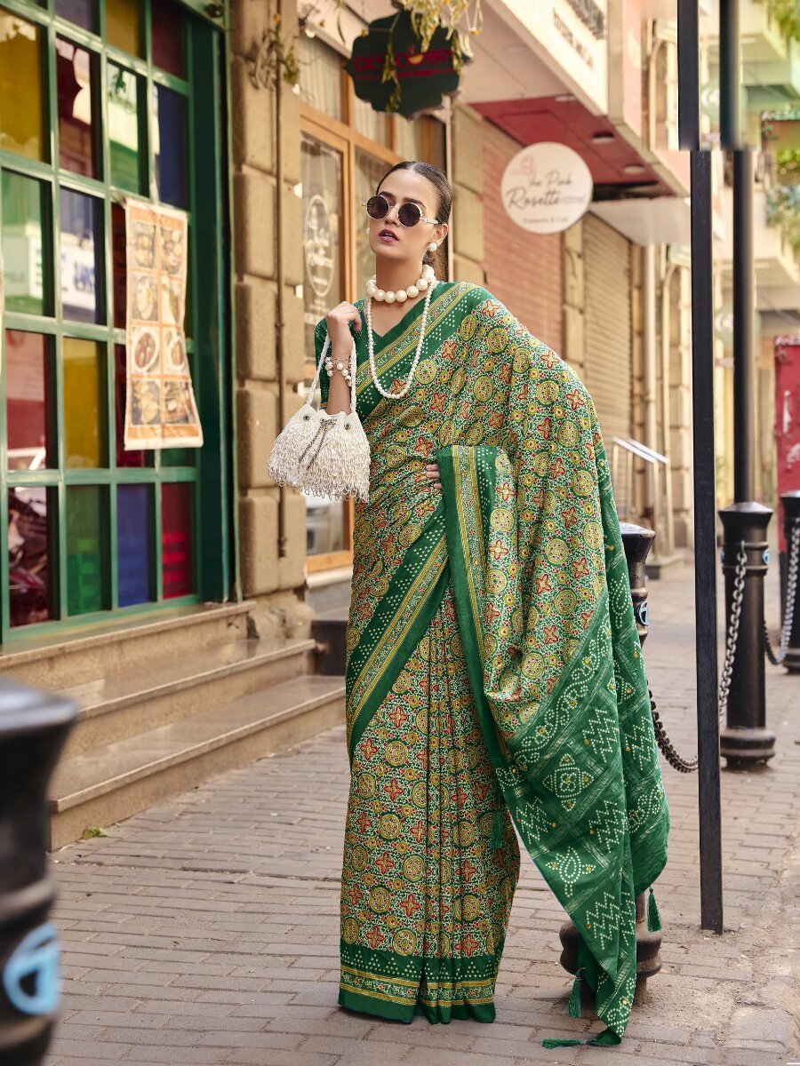 Green Silk Printed Wedding Reception Party Festival Casual Heavy Border Sarees