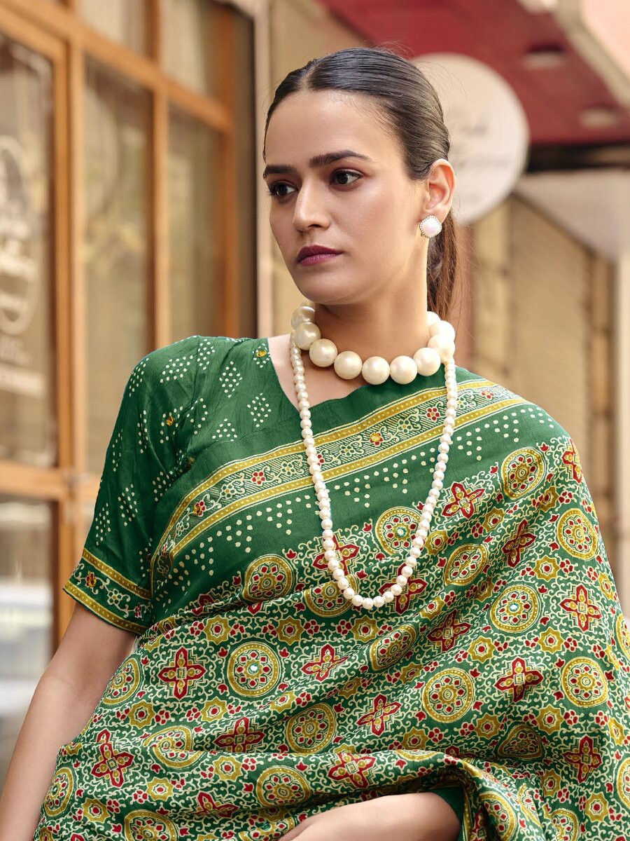 Green Silk Printed Wedding Reception Party Festival Casual Heavy Border Sarees