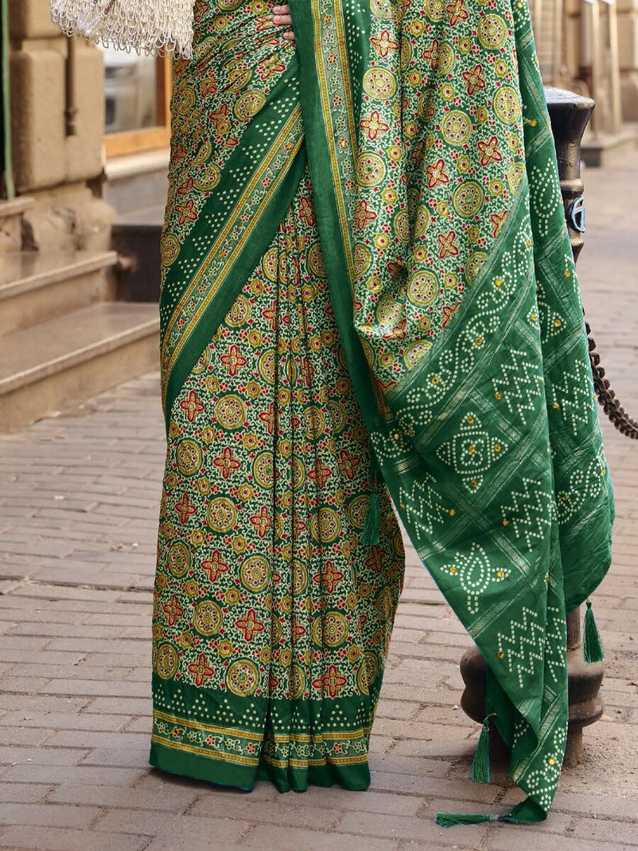 Green Silk Printed Wedding Reception Party Festival Casual Heavy Border Sarees