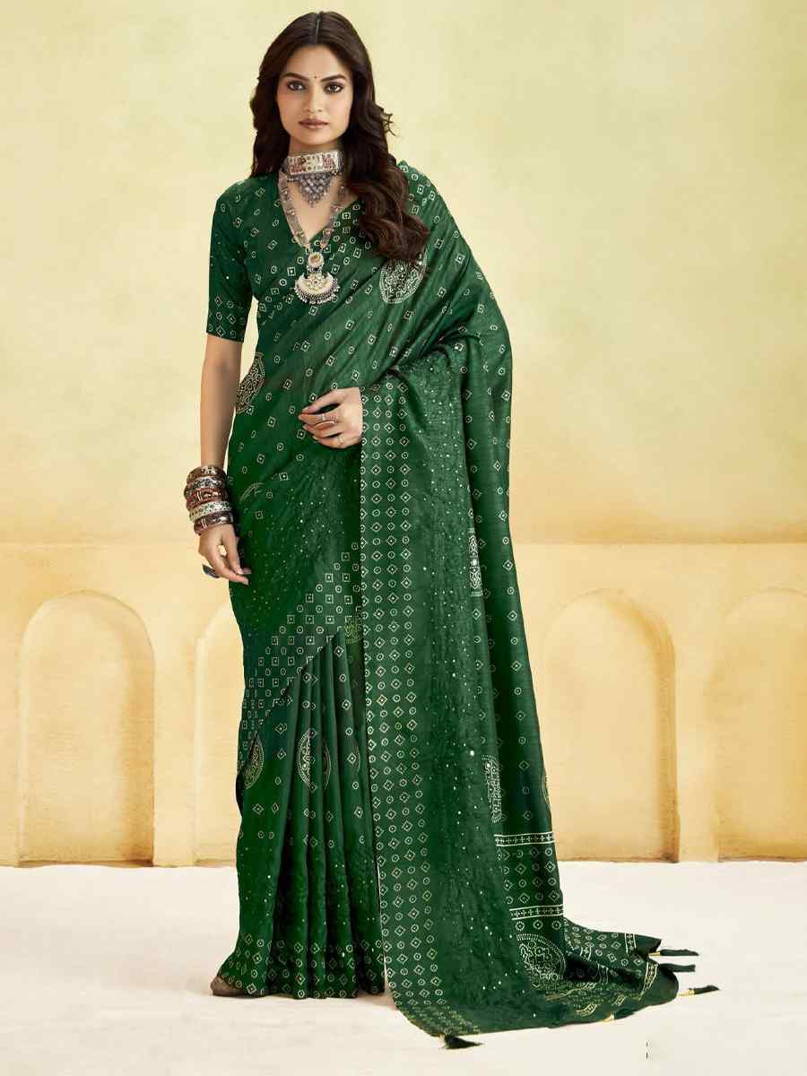 Green Silk Printed with Handwoven Festival Wedding Fancy Heavy Border Saree