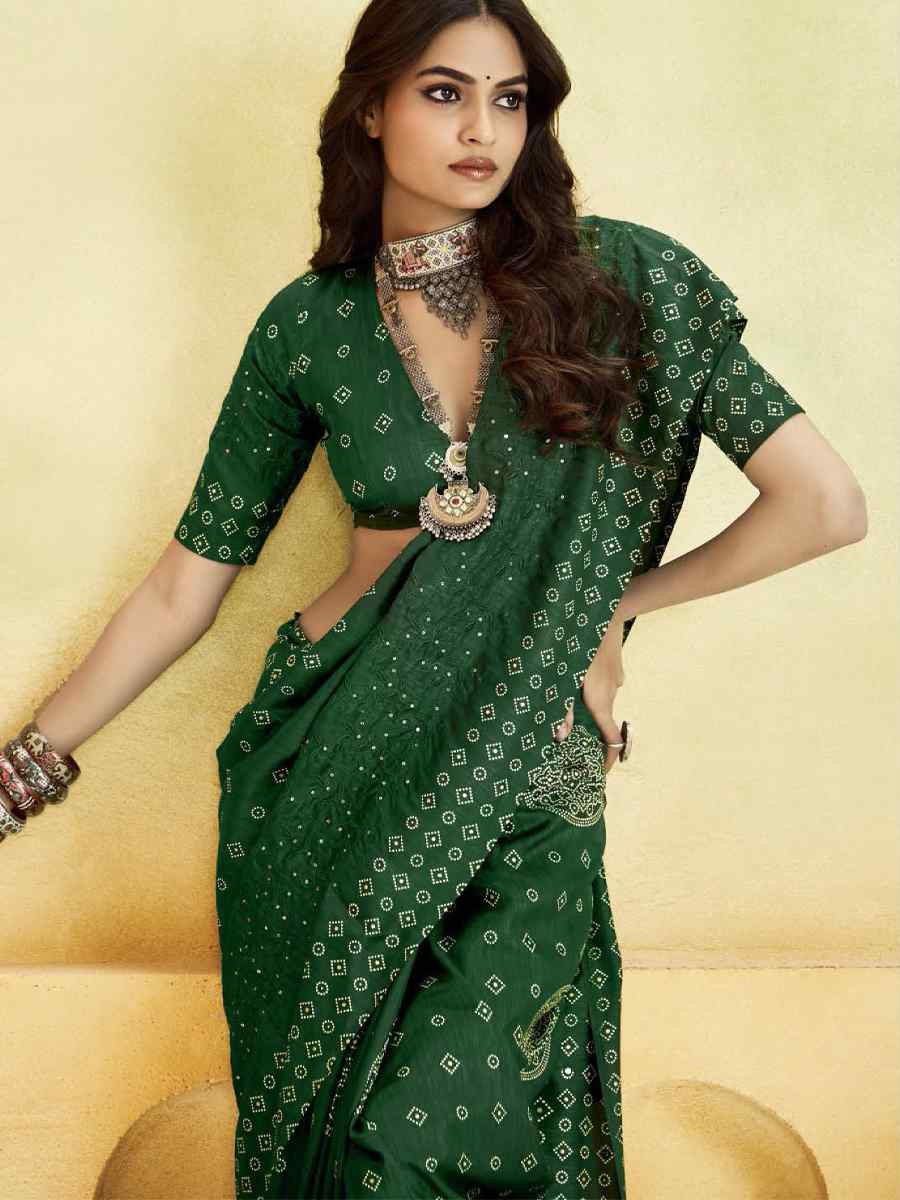Green Silk Printed with Handwoven Festival Wedding Fancy Heavy Border Saree