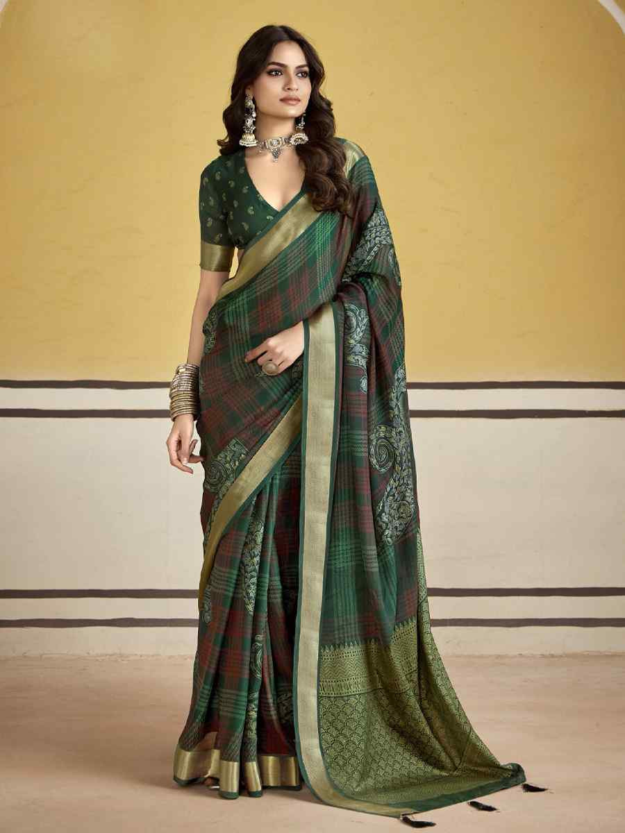 Green Silk Printed with Handwoven Festival Wedding Fancy Heavy Border Saree