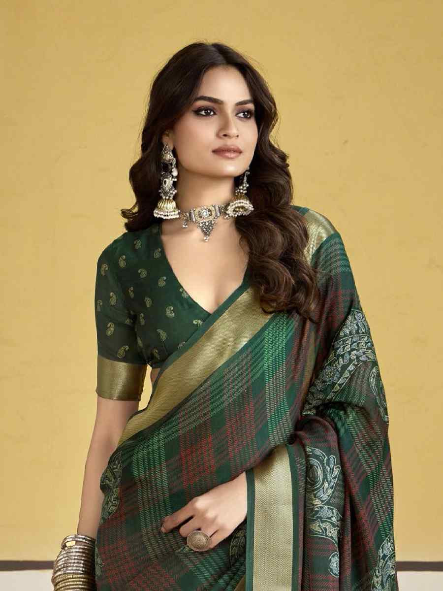 Green Silk Printed with Handwoven Festival Wedding Fancy Heavy Border Saree