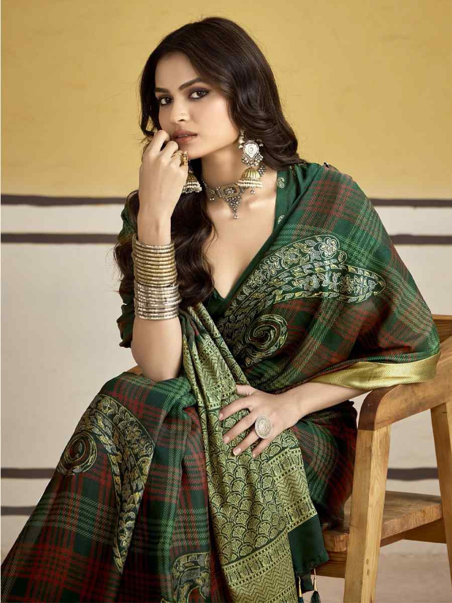 Green Silk Printed with Handwoven Festival Wedding Fancy Heavy Border Saree