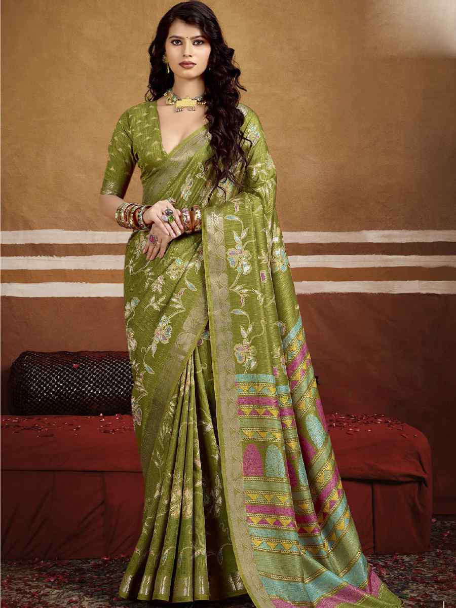 Green Silk Printed with Handwoven Festival Wedding Fancy Heavy Border Saree