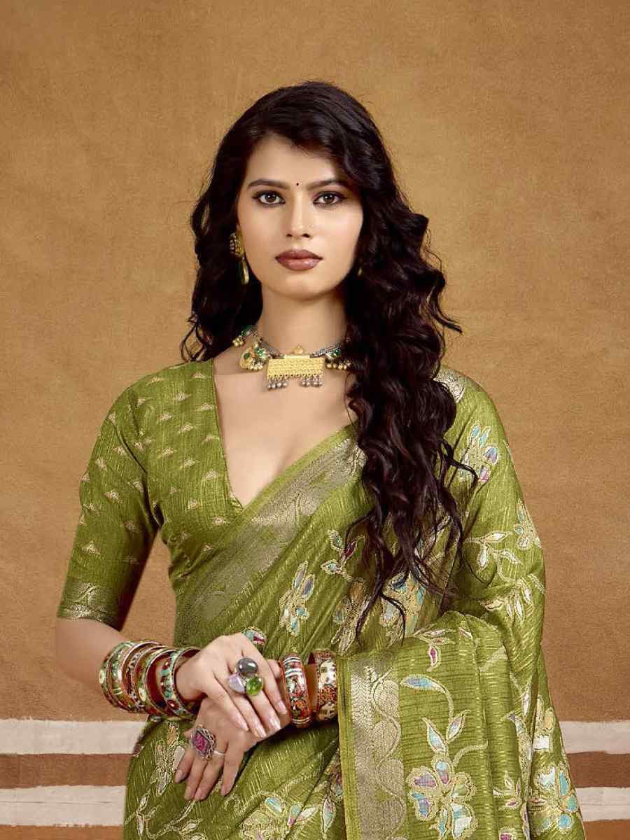 Green Silk Printed with Handwoven Festival Wedding Fancy Heavy Border Saree