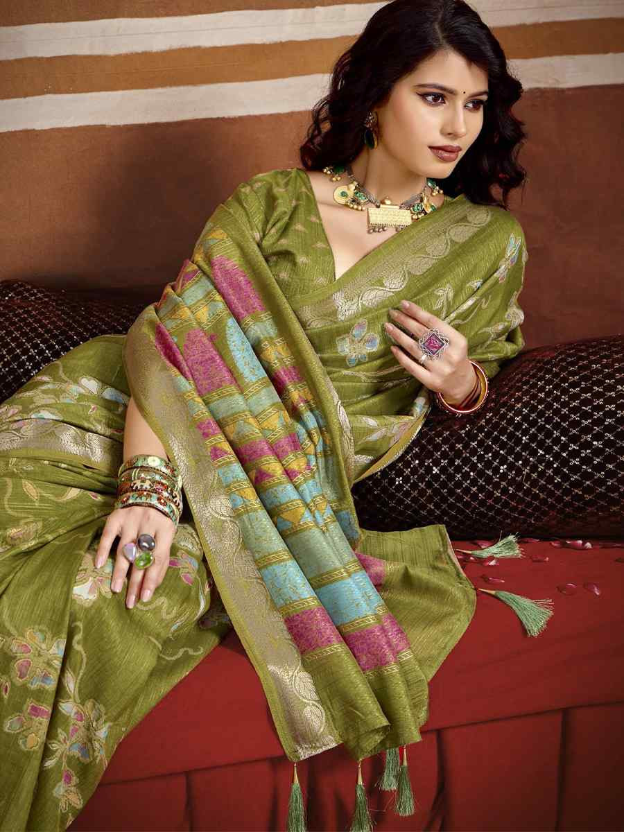 Green Silk Printed with Handwoven Festival Wedding Fancy Heavy Border Saree