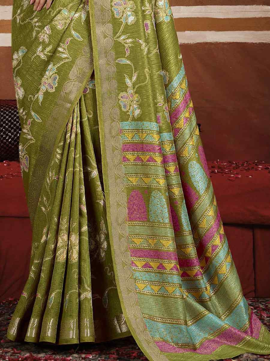 Green Silk Printed with Handwoven Festival Wedding Fancy Heavy Border Saree