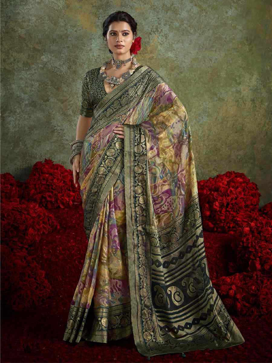 Green Silk Printed with Handwoven Festival Wedding Fancy Heavy Border Saree