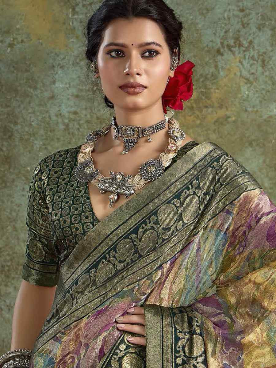 Green Silk Printed with Handwoven Festival Wedding Fancy Heavy Border Saree