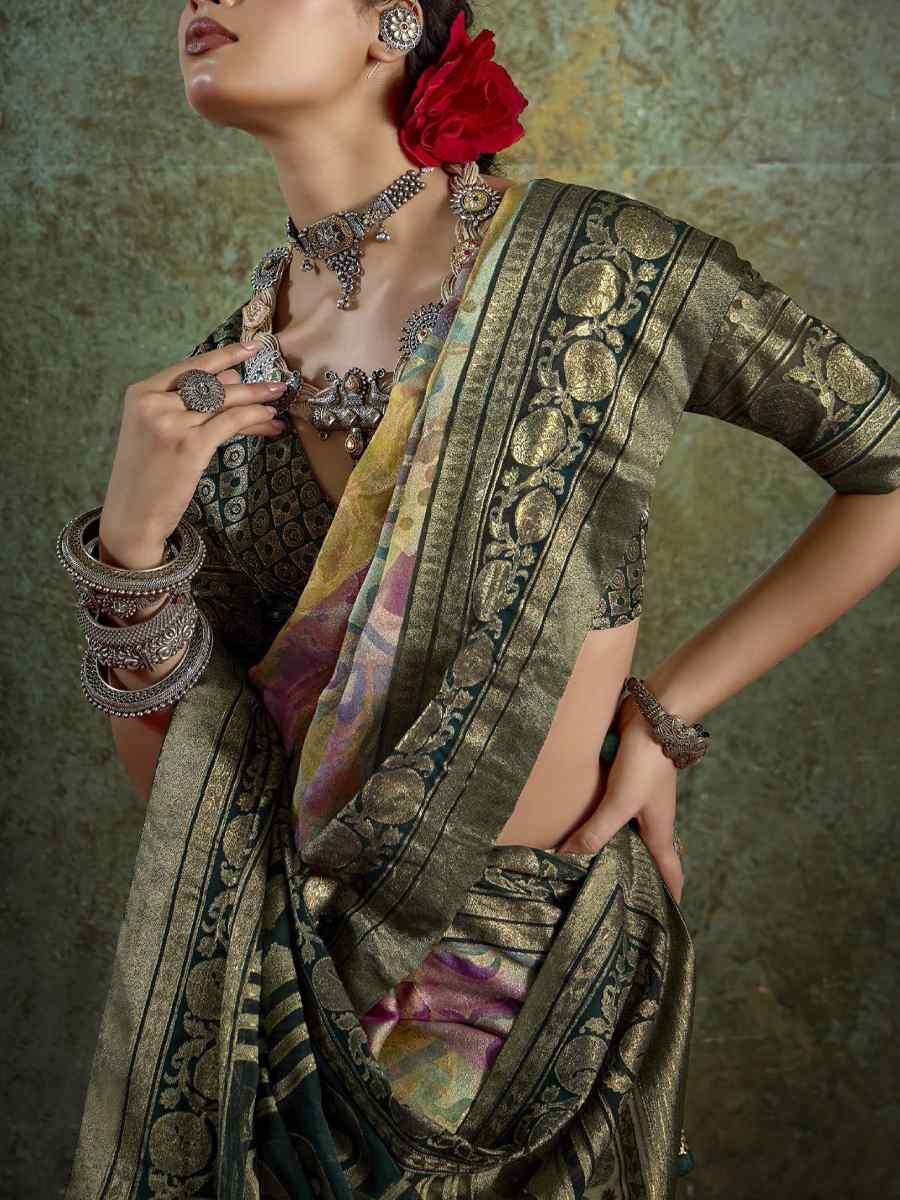 Green Silk Printed with Handwoven Festival Wedding Fancy Heavy Border Saree