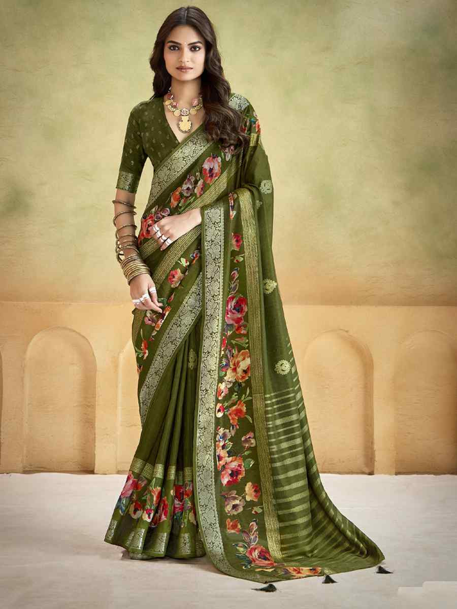 Green Silk Printed with Handwoven Festival Wedding Fancy Heavy Border Saree