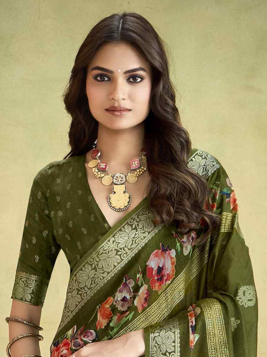 Green Silk Printed with Handwoven Festival Wedding Fancy Heavy Border Saree