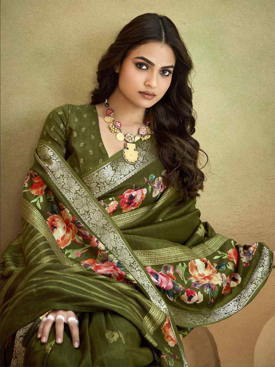 Green Silk Printed with Handwoven Festival Wedding Fancy Heavy Border Saree