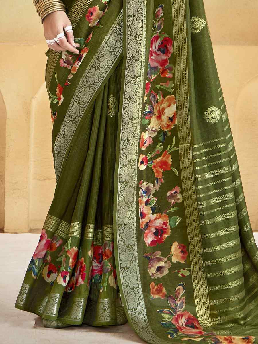 Green Silk Printed with Handwoven Festival Wedding Fancy Heavy Border Saree