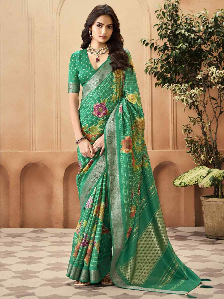 Green Silk Printed with Handwoven Festival Wedding Fancy Heavy Border Saree