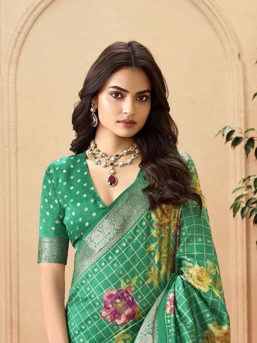 Green Silk Printed with Handwoven Festival Wedding Fancy Heavy Border Saree