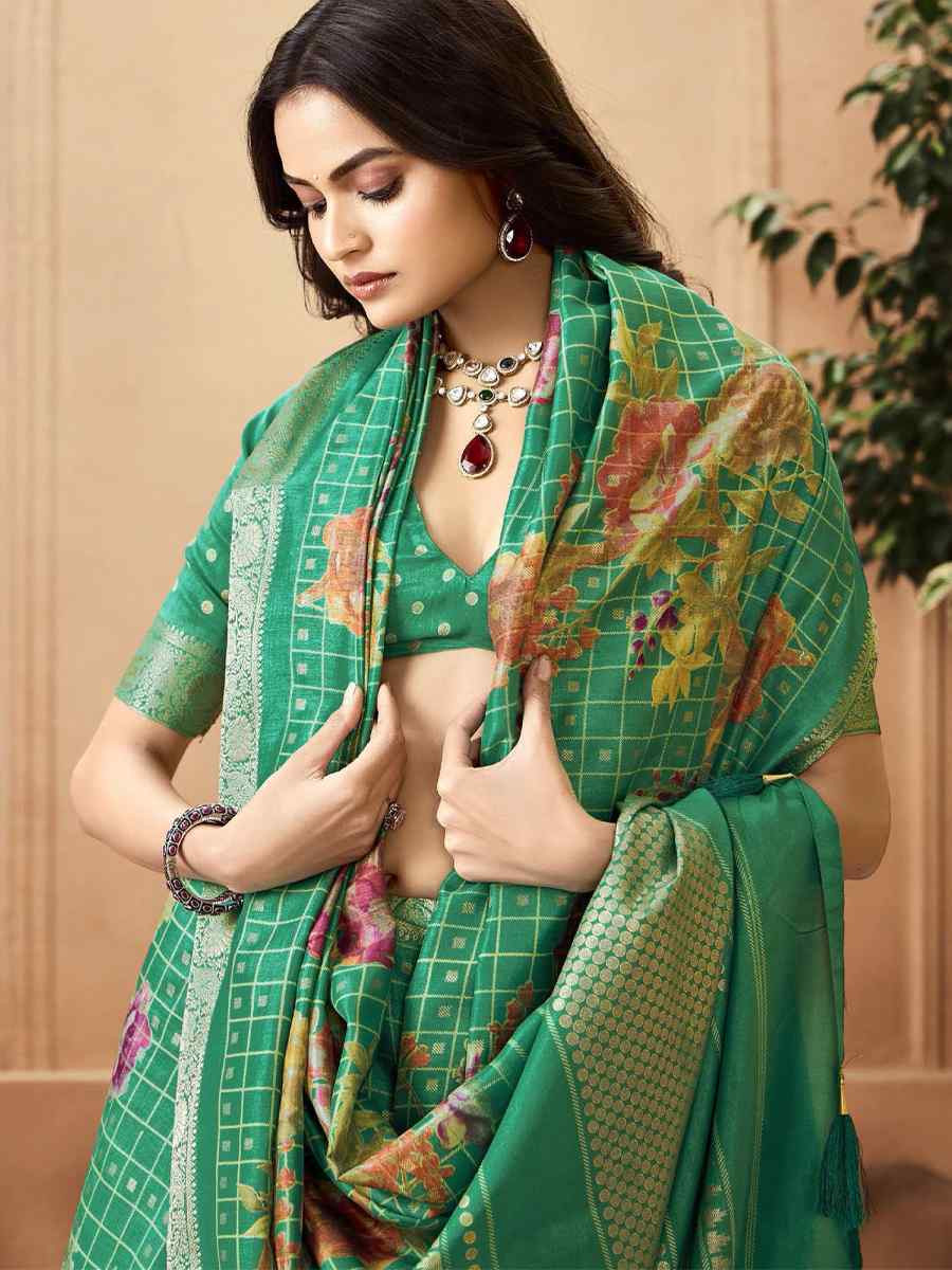 Green Silk Printed with Handwoven Festival Wedding Fancy Heavy Border Saree