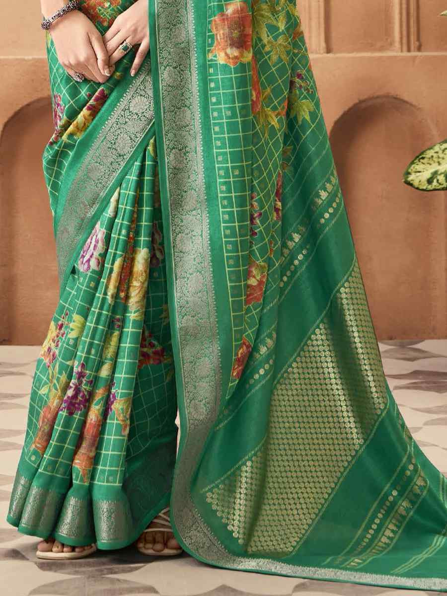 Green Silk Printed with Handwoven Festival Wedding Fancy Heavy Border Saree