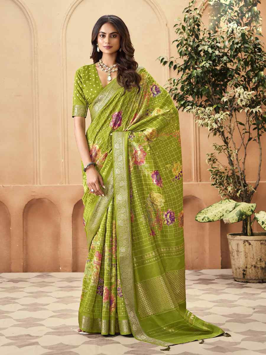 Green Silk Printed with Handwoven Festival Wedding Fancy Heavy Border Saree