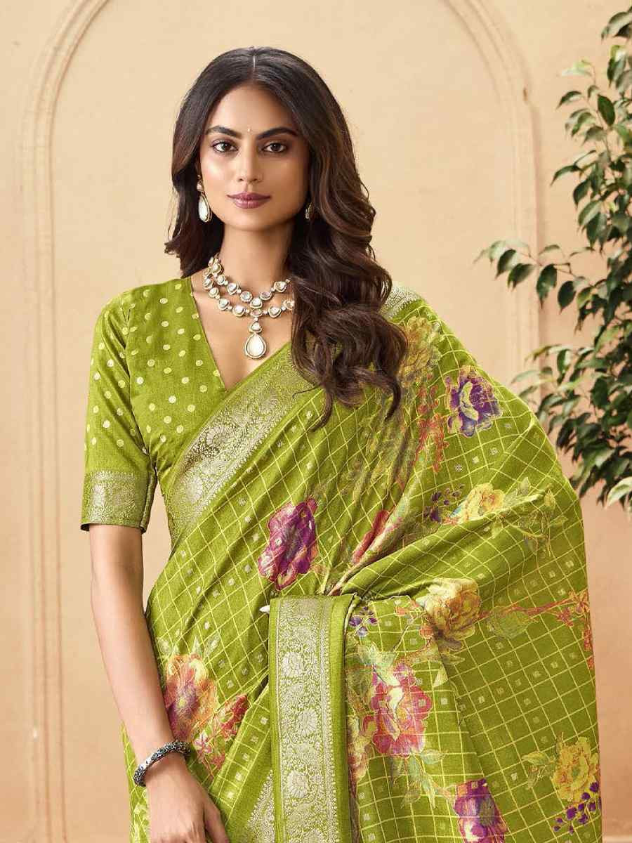 Green Silk Printed with Handwoven Festival Wedding Fancy Heavy Border Saree