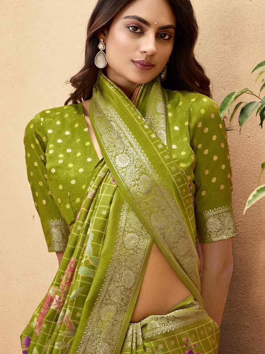 Green Silk Printed with Handwoven Festival Wedding Fancy Heavy Border Saree