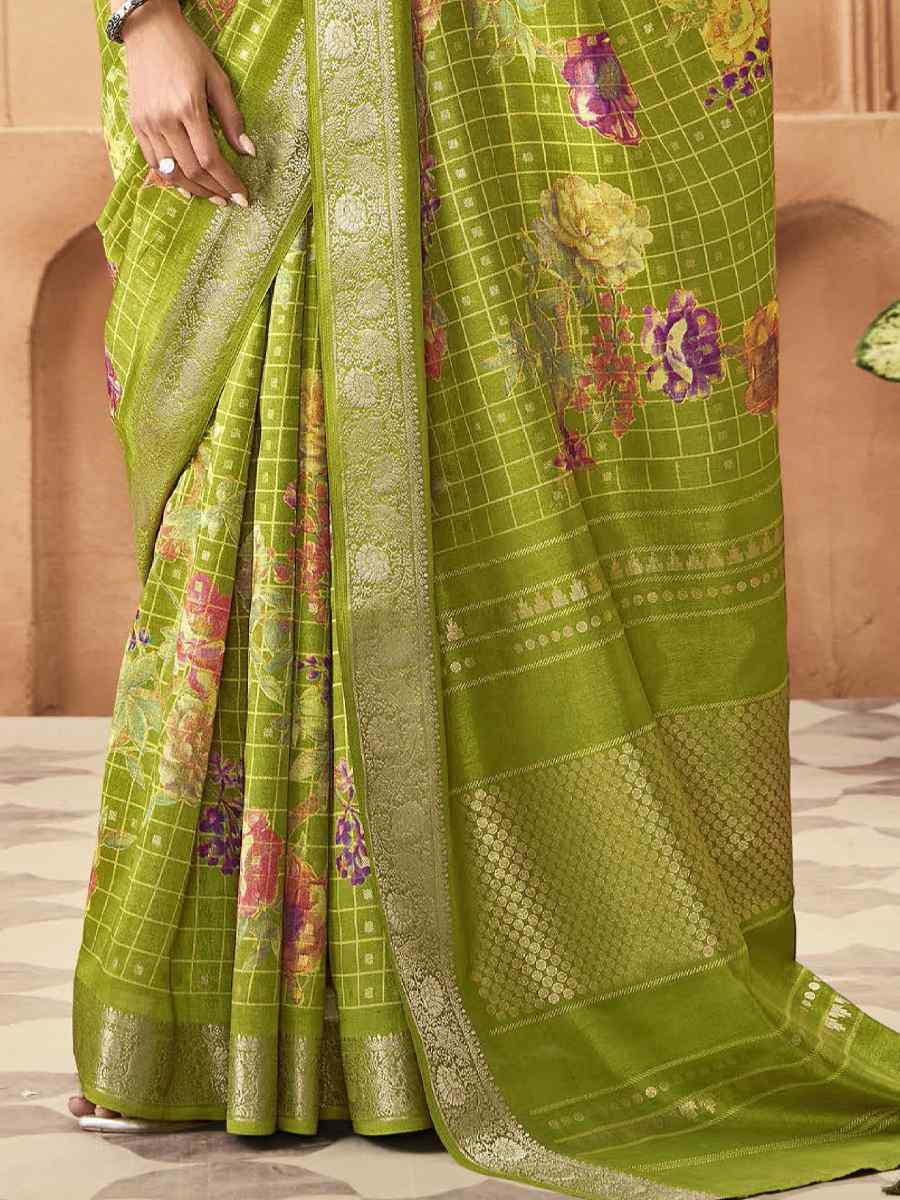 Green Silk Printed with Handwoven Festival Wedding Fancy Heavy Border Saree